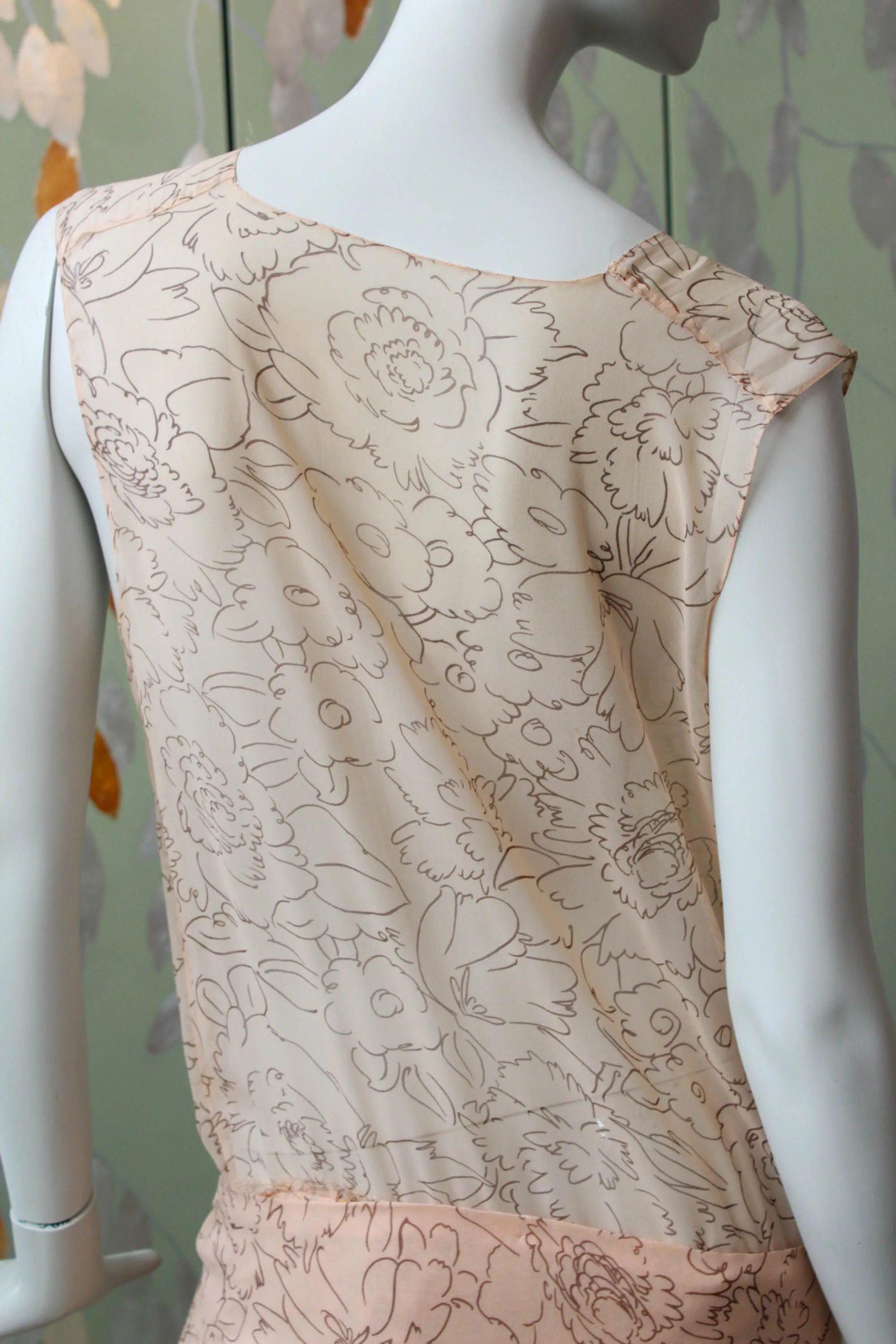 1920s Pale Sheer Pink Printed Silk Dress, Medium