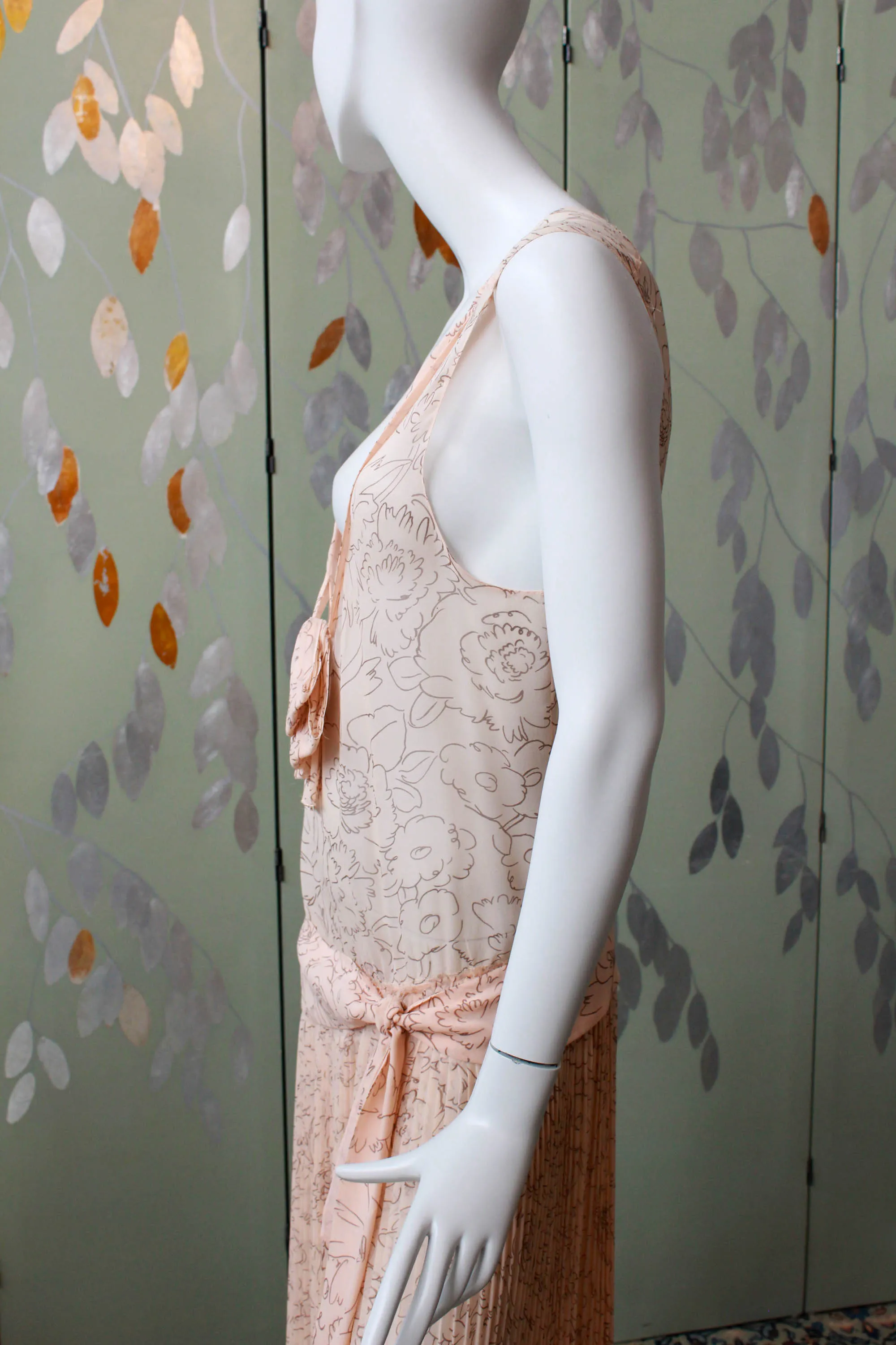 1920s Pale Sheer Pink Printed Silk Dress, Medium