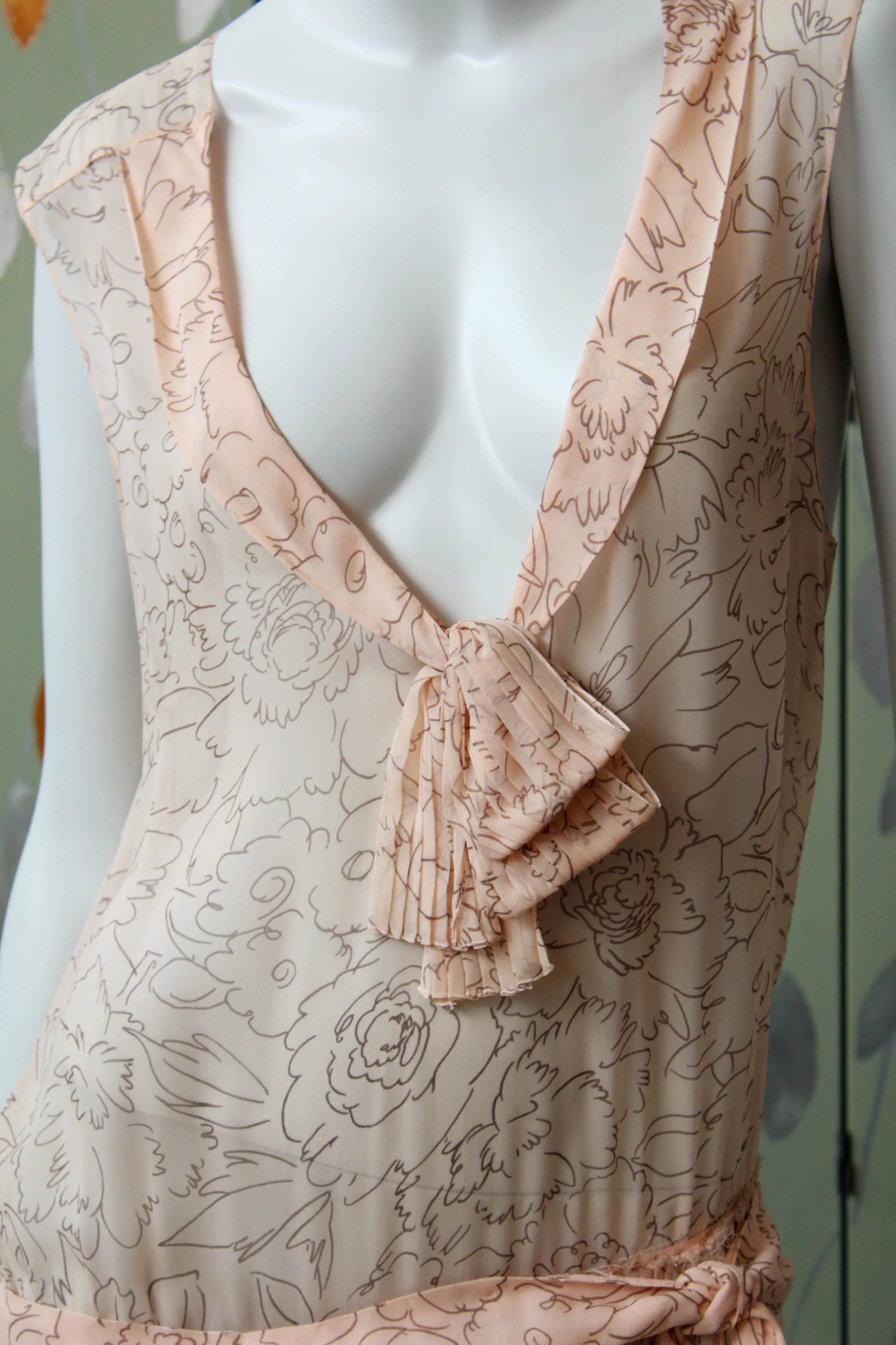 1920s Pale Sheer Pink Printed Silk Dress, Medium