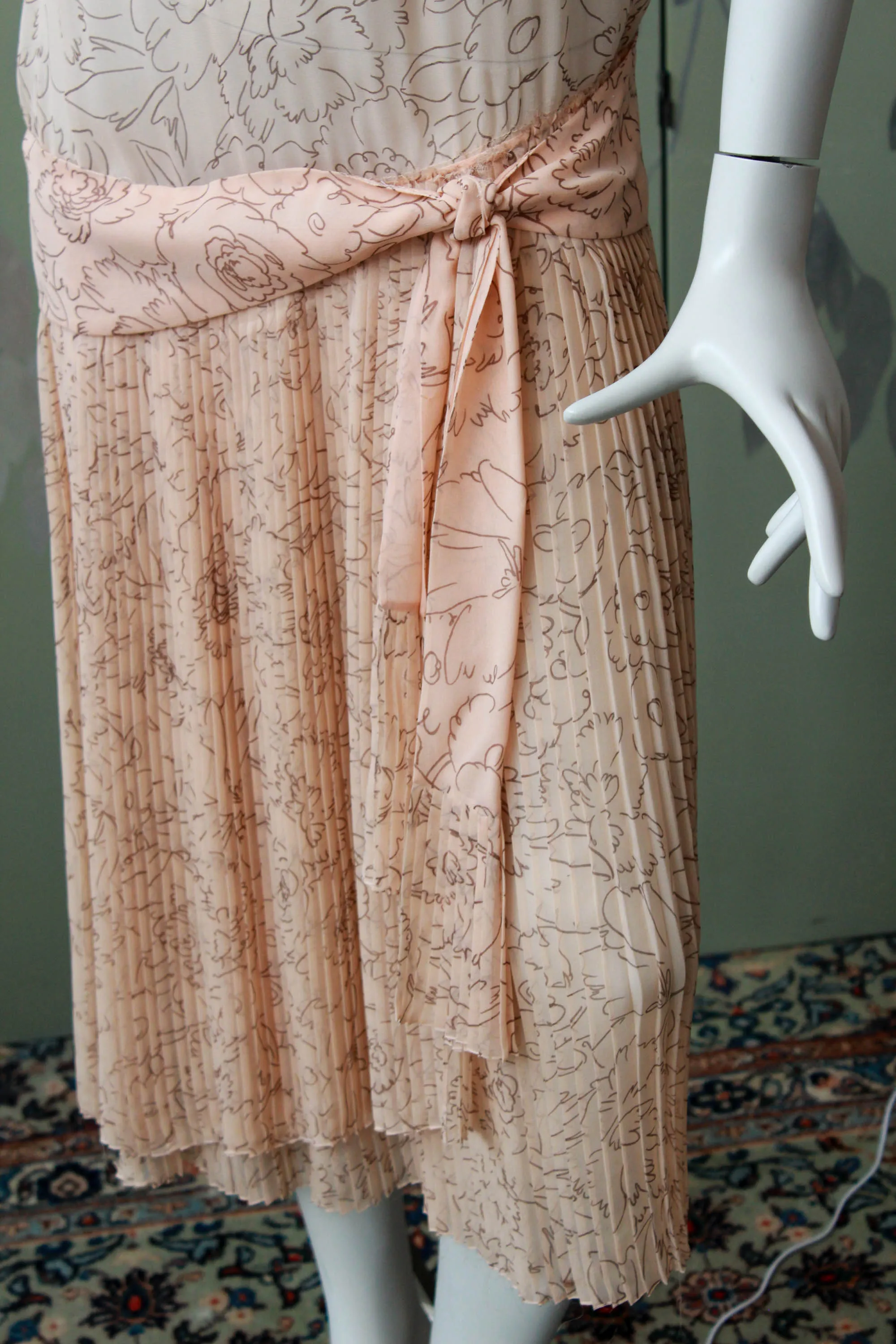 1920s Pale Sheer Pink Printed Silk Dress, Medium