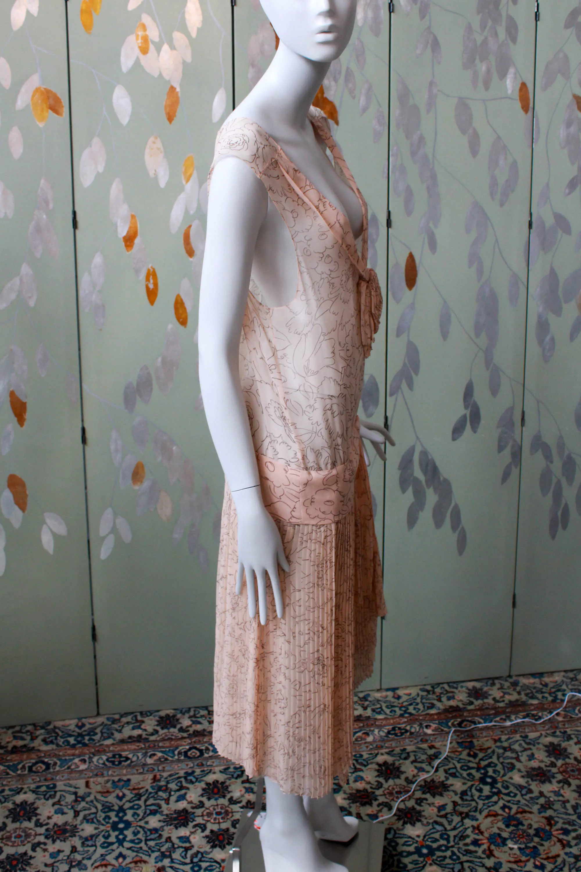 1920s Pale Sheer Pink Printed Silk Dress, Medium