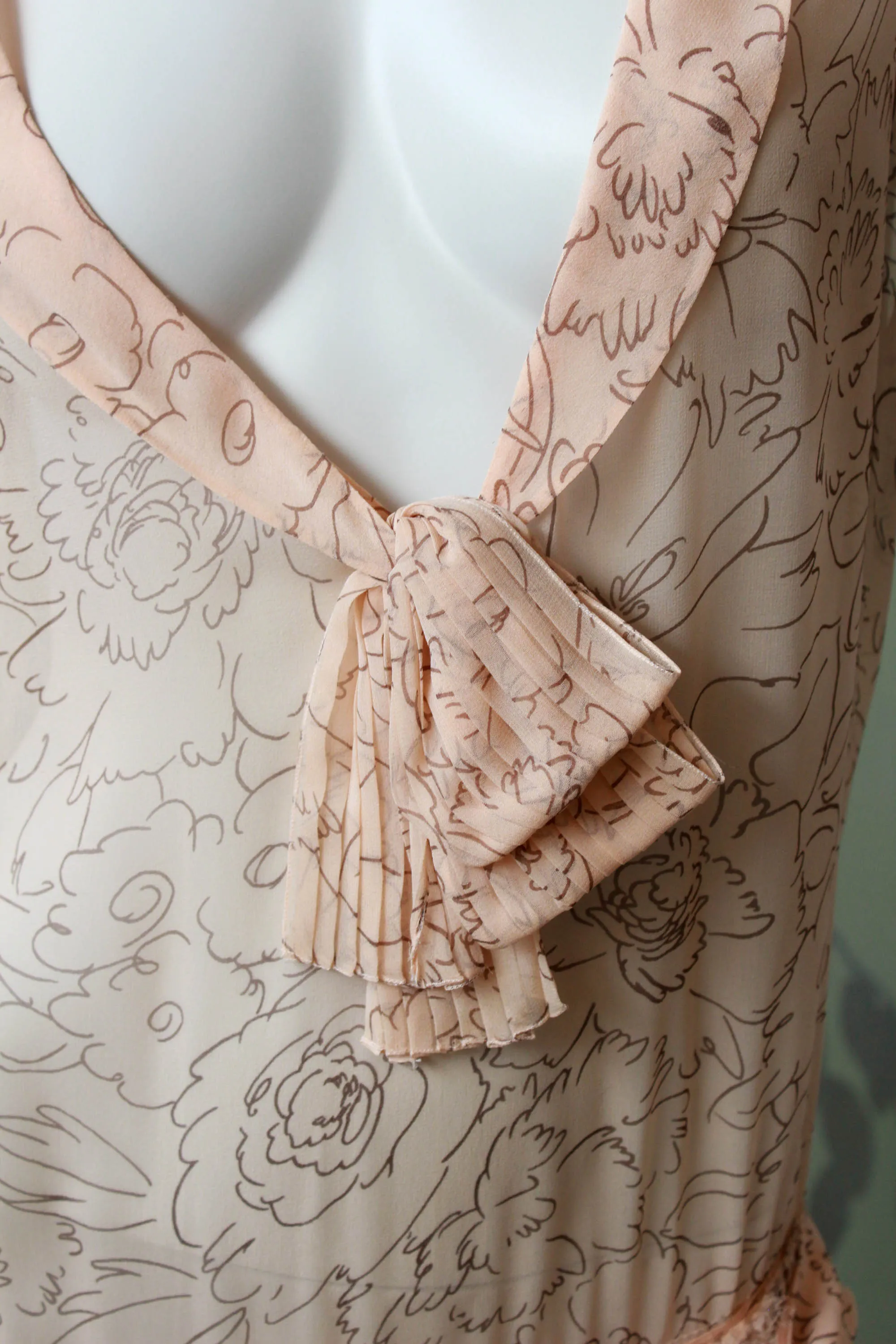 1920s Pale Sheer Pink Printed Silk Dress, Medium