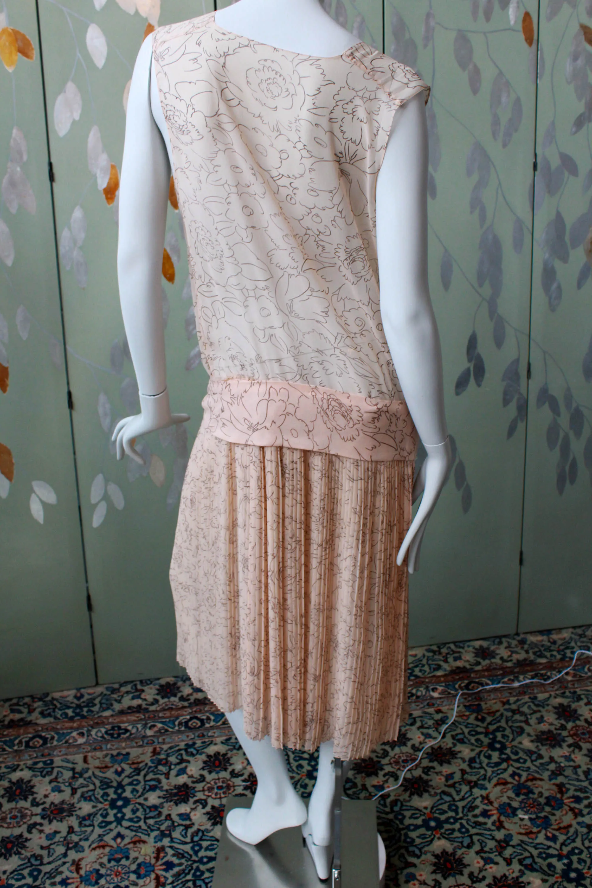 1920s Pale Sheer Pink Printed Silk Dress, Medium