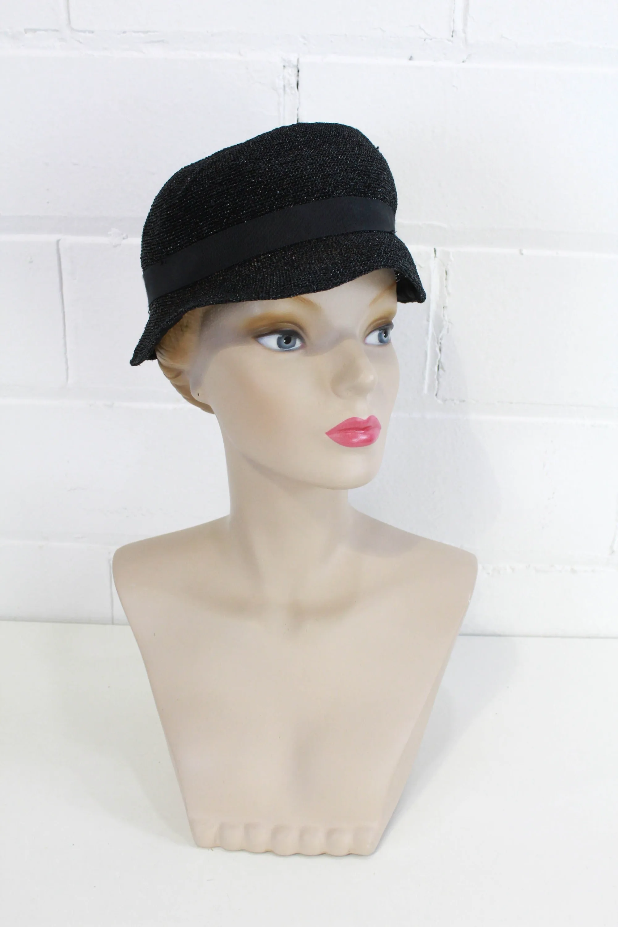 1930s Black Horsehair Metallic Women's Hat, Short Brim