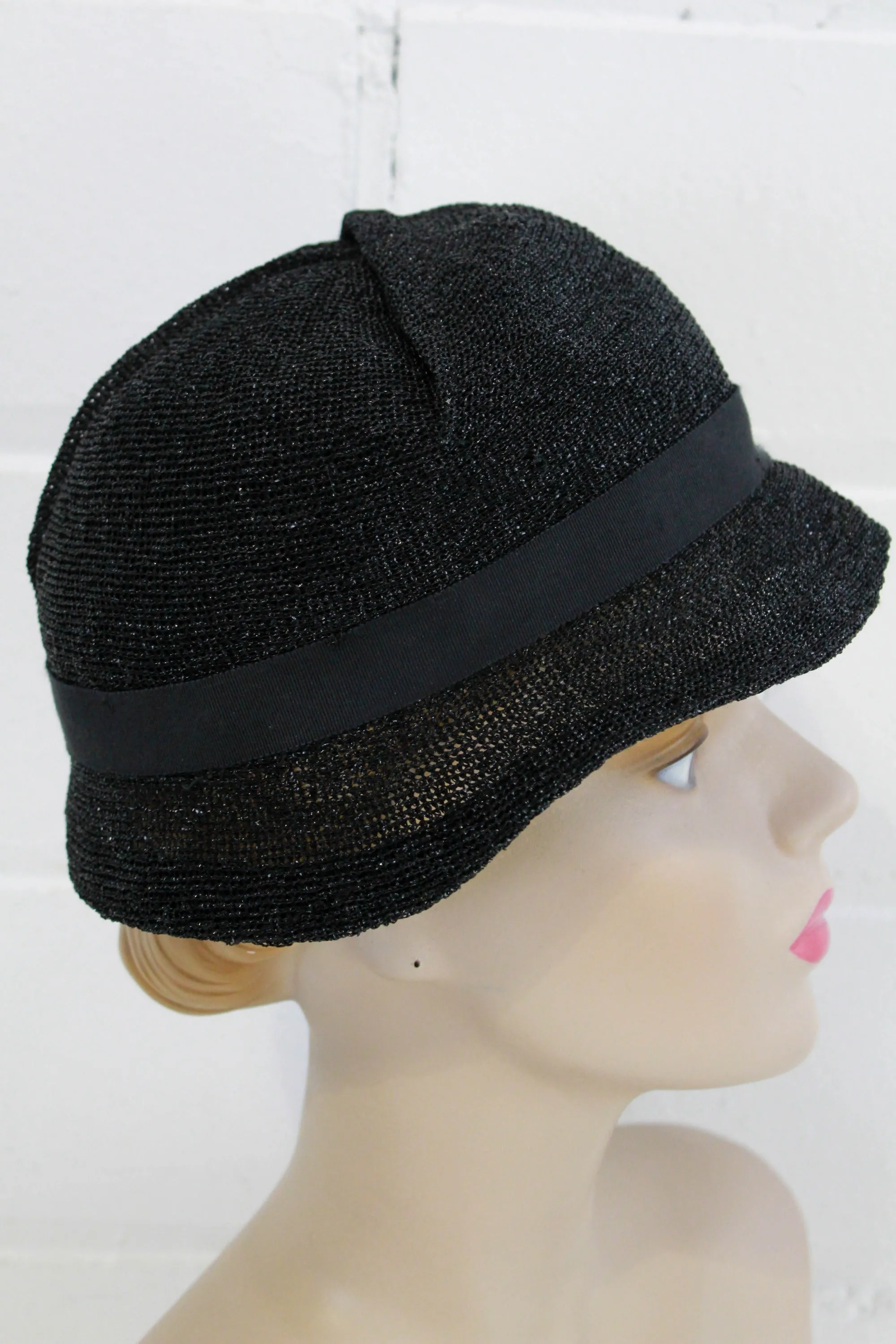 1930s Black Horsehair Metallic Women's Hat, Short Brim