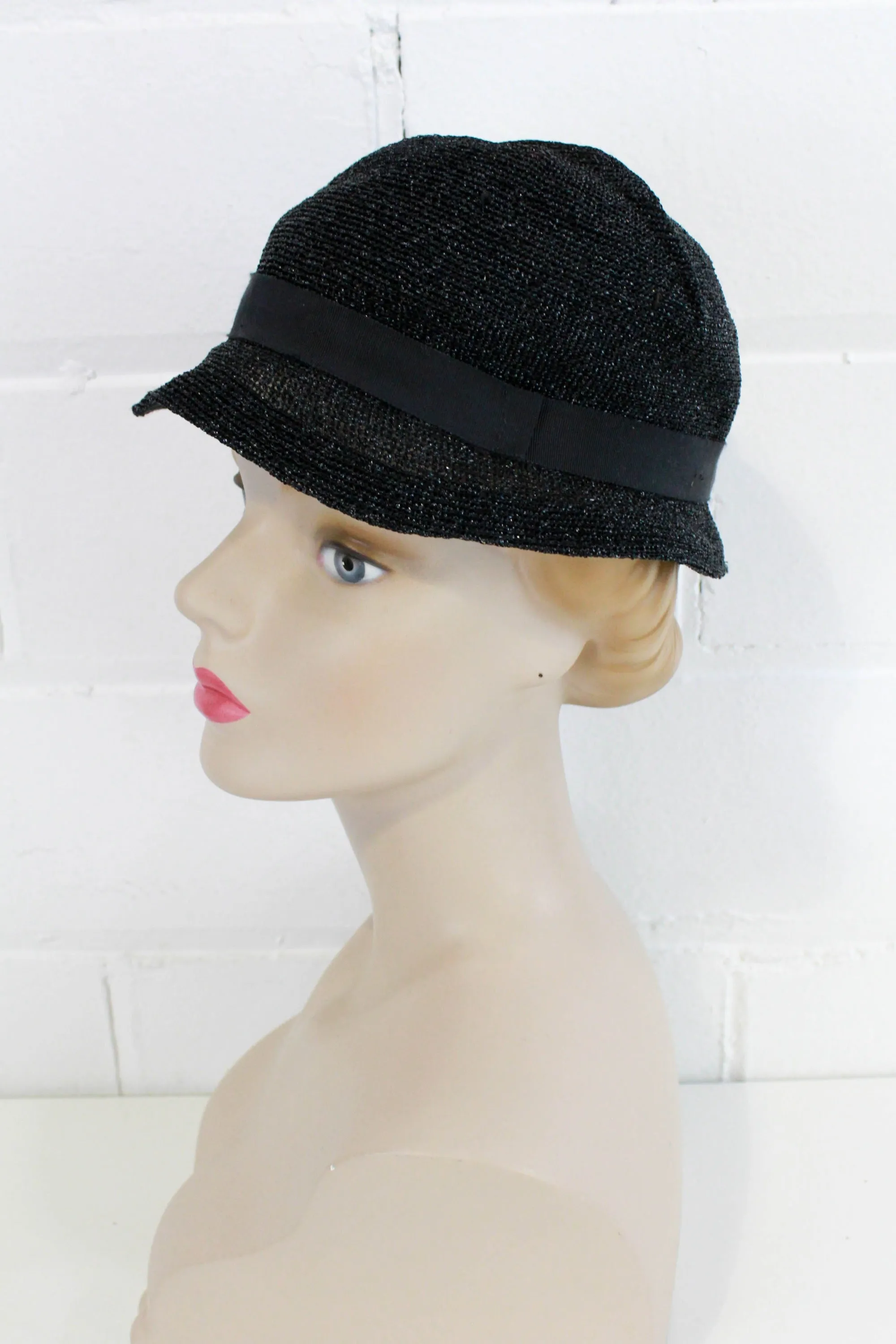 1930s Black Horsehair Metallic Women's Hat, Short Brim