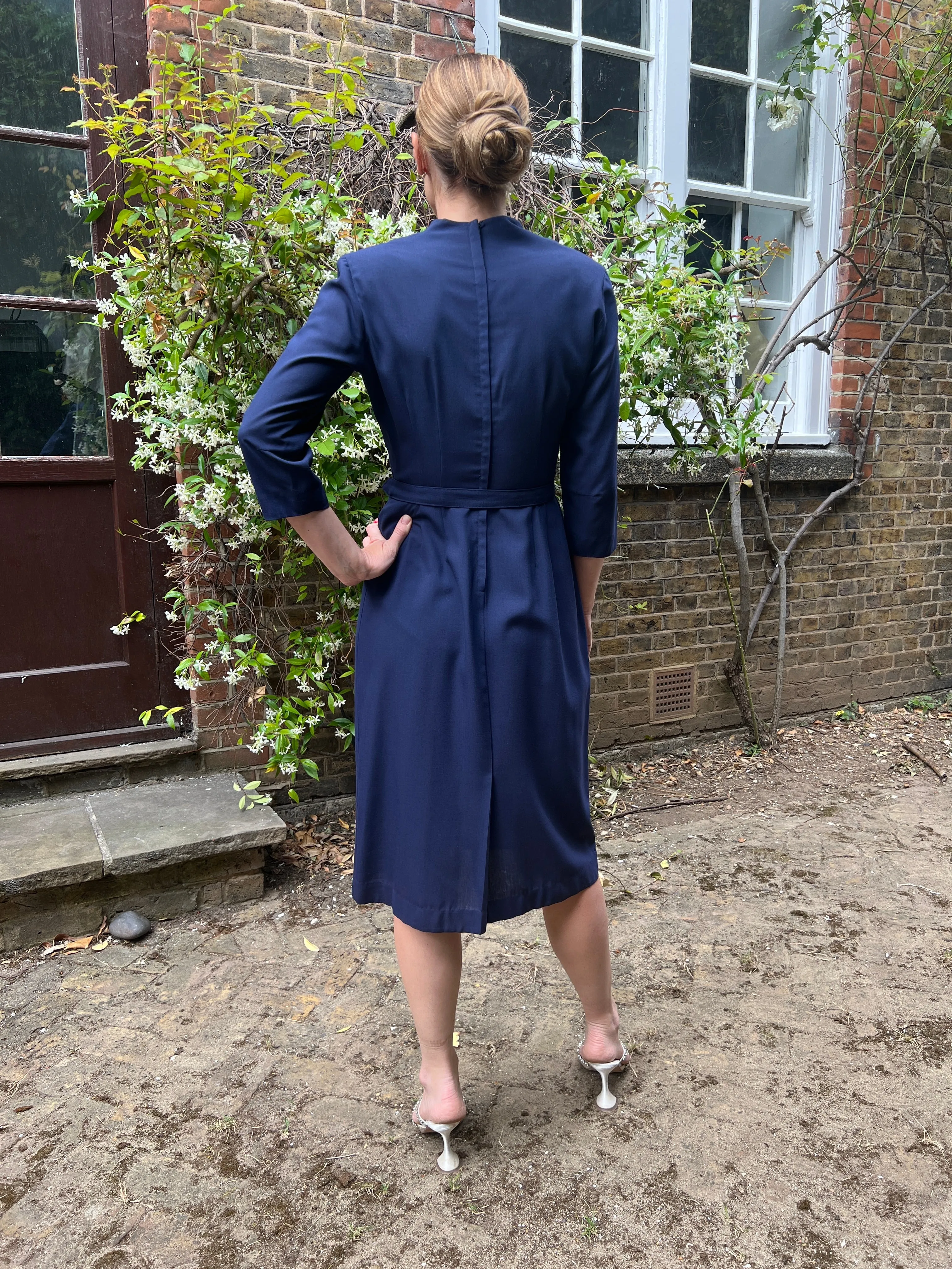 1940s Minx Mode Navy Patriotic Dress With Checkered Ribbon