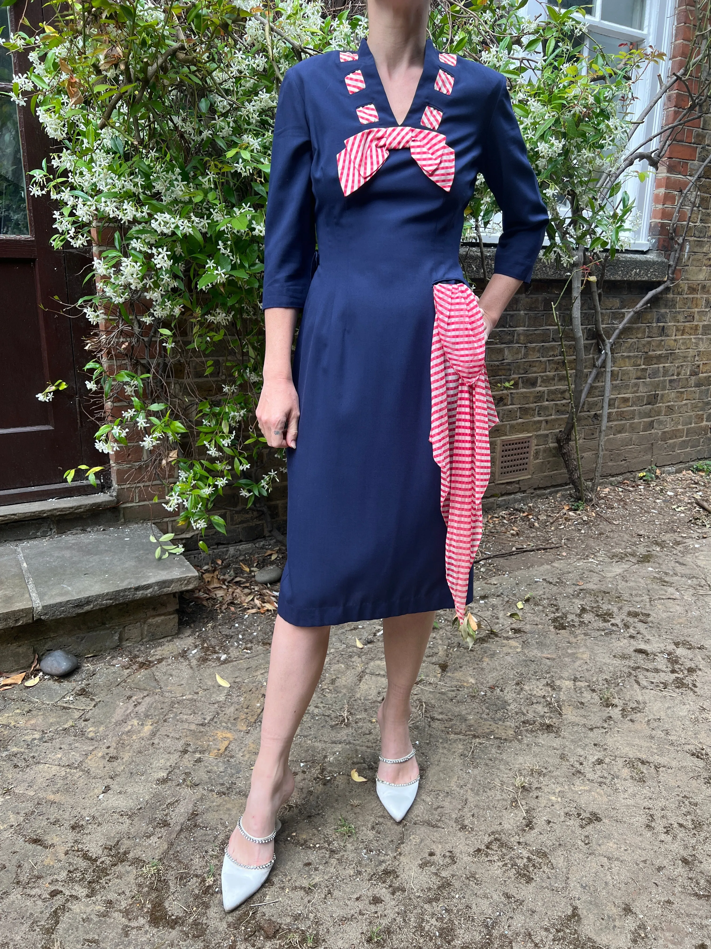 1940s Minx Mode Navy Patriotic Dress With Checkered Ribbon