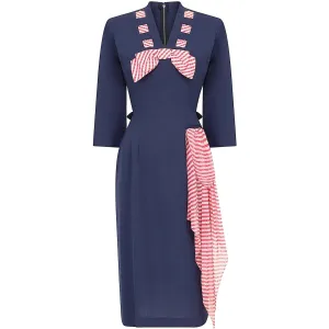 1940s Minx Mode Navy Patriotic Dress With Checkered Ribbon