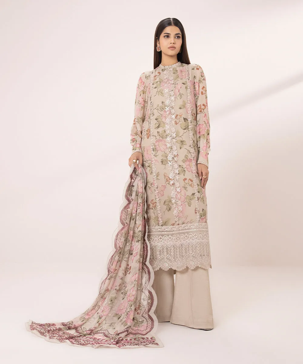 3 Piece - Embroidered Chiffon Suit