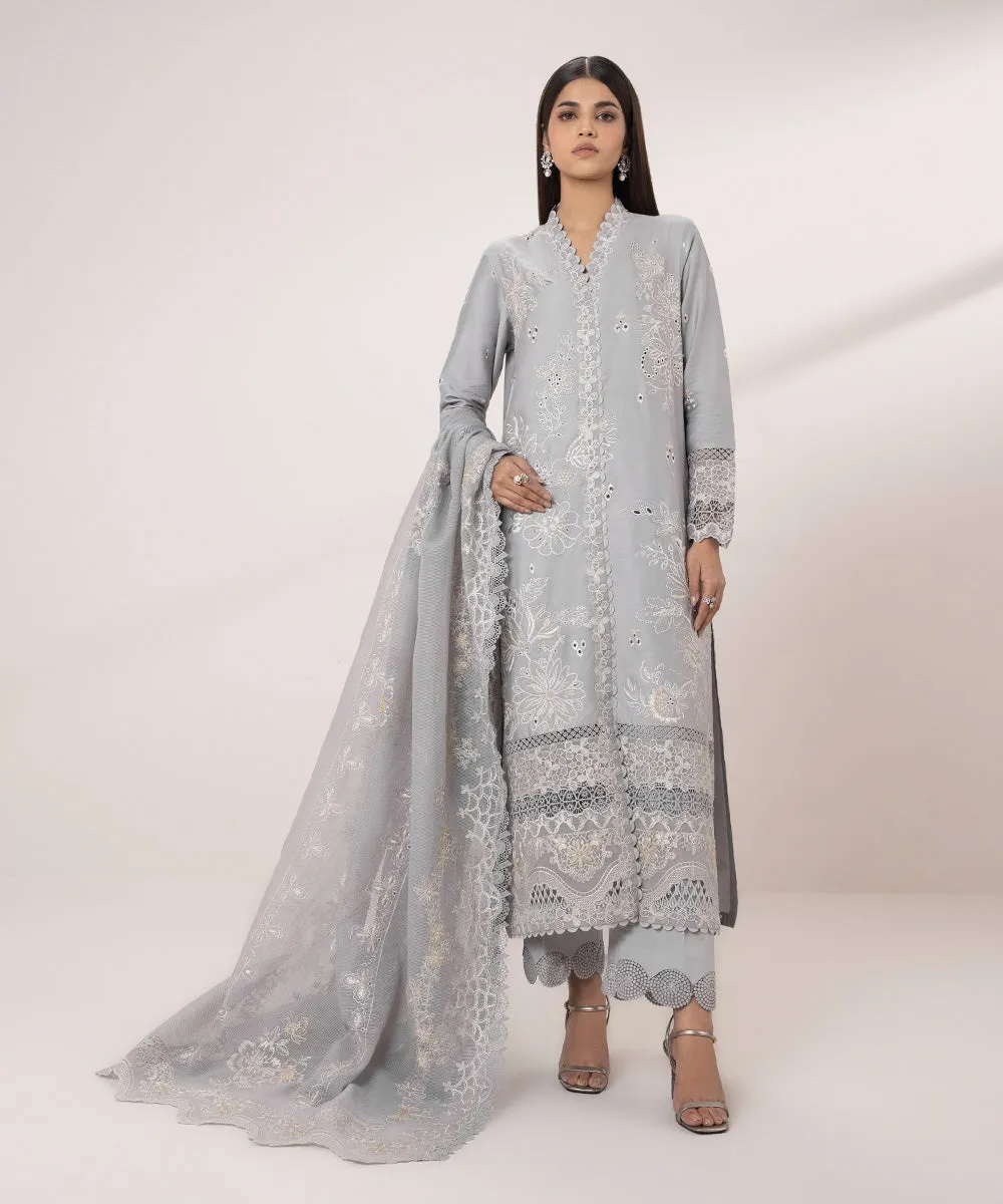 3 Piece - Embroidered Cotton Satin Suit