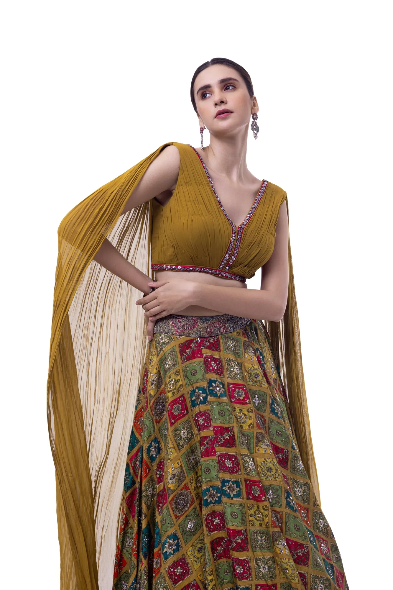 30Z353-RO Mustard Georgette Silk Skirt with Pleated Top