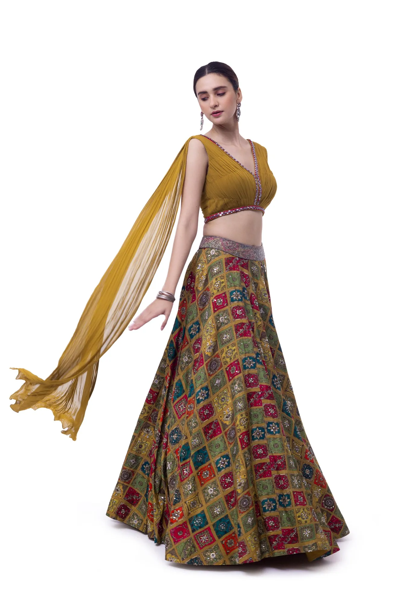 30Z353-RO Mustard Georgette Silk Skirt with Pleated Top