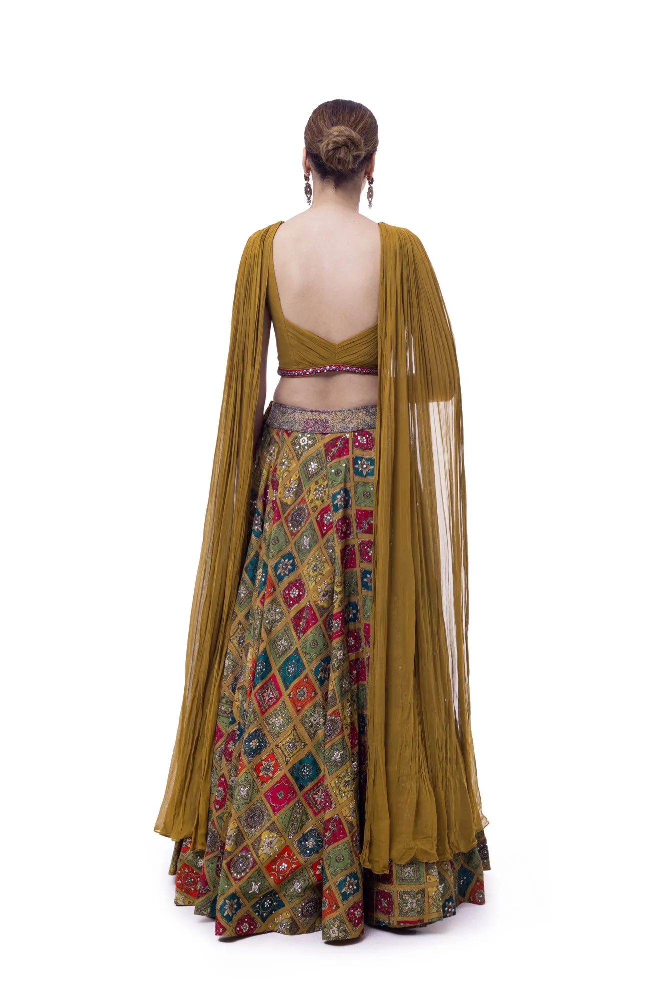 30Z353-RO Mustard Georgette Silk Skirt with Pleated Top