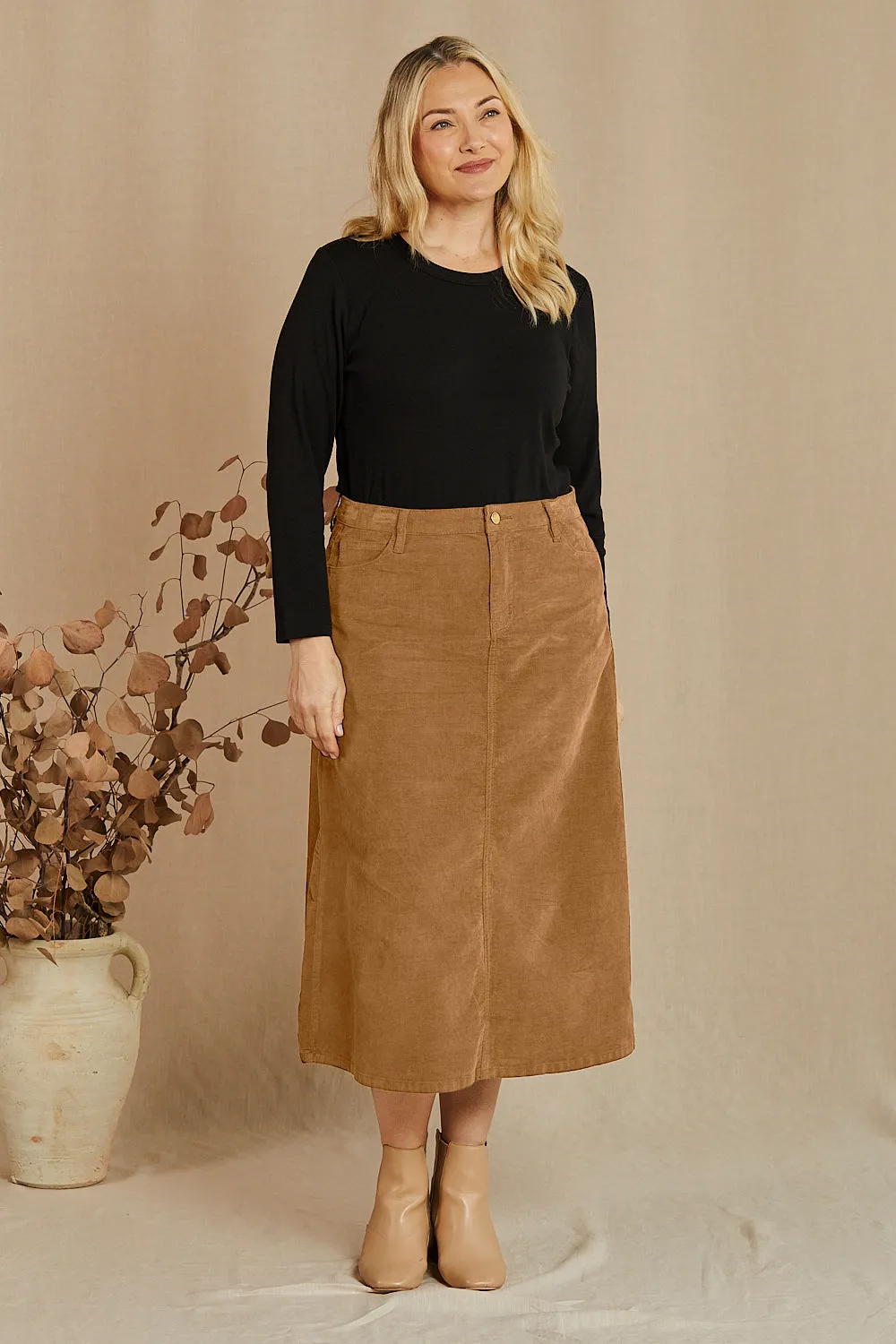 Adrift A-Line Brushed Cotton Skirt in Camel