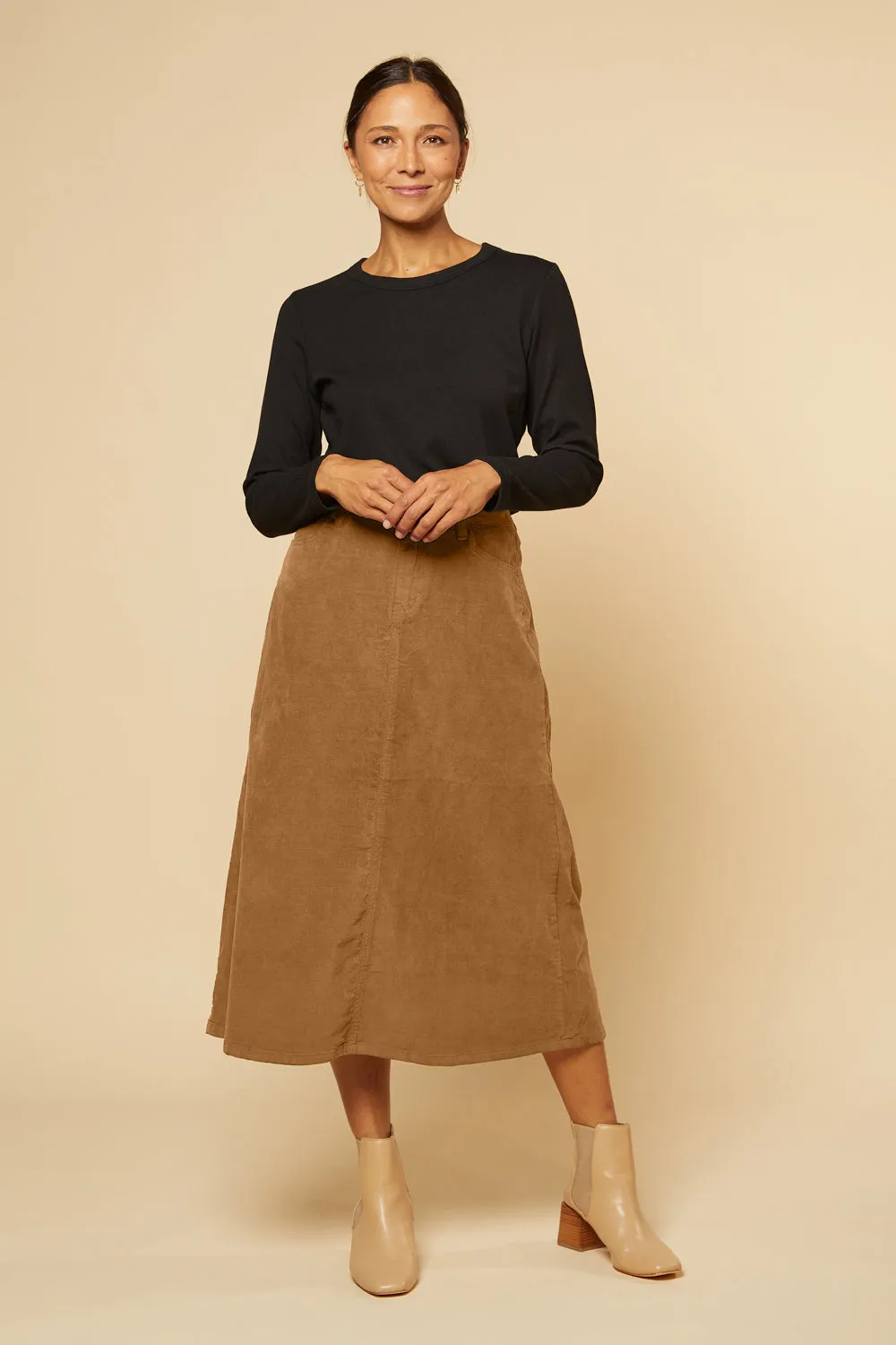 Adrift A-Line Brushed Cotton Skirt in Camel