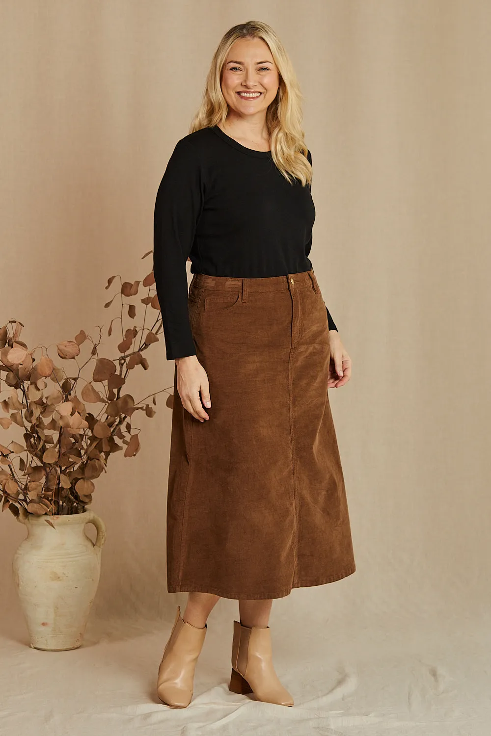 Adrift A-Line Brushed Cotton Skirt in Chocolate