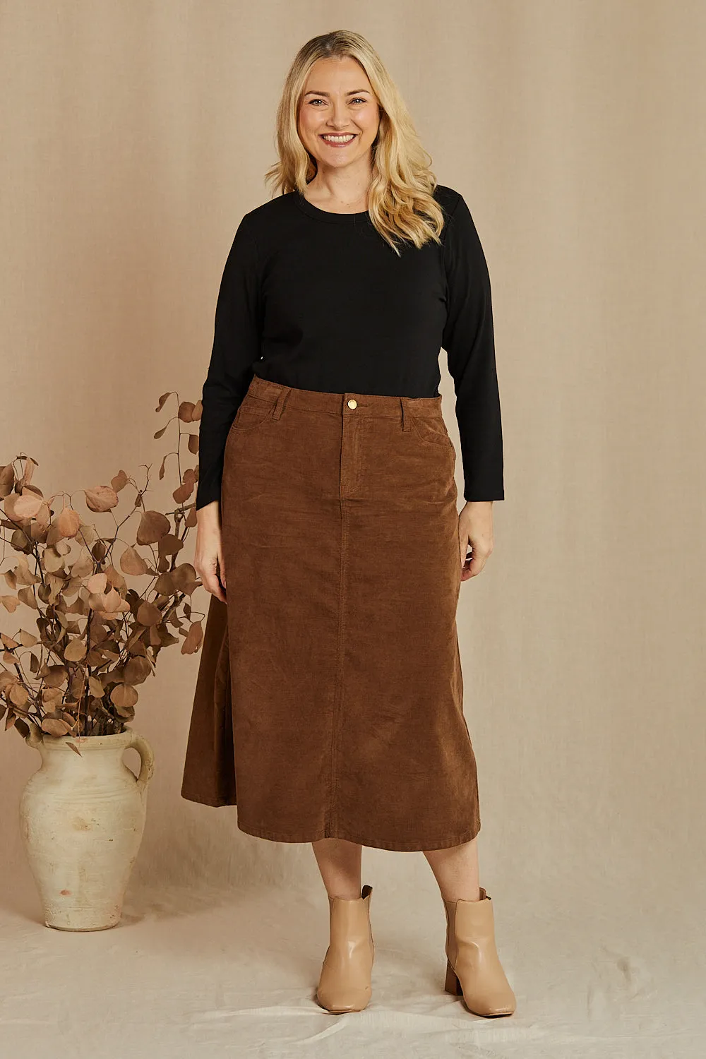 Adrift A-Line Brushed Cotton Skirt in Chocolate