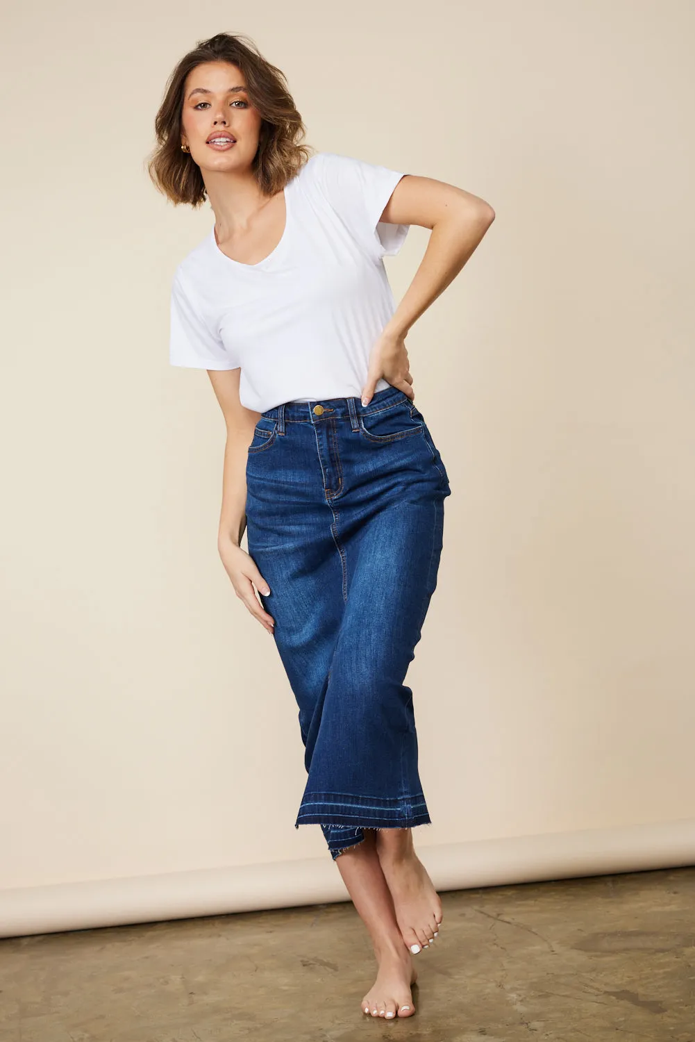 Adrift Denim Long Split Skirt in Mid Wash