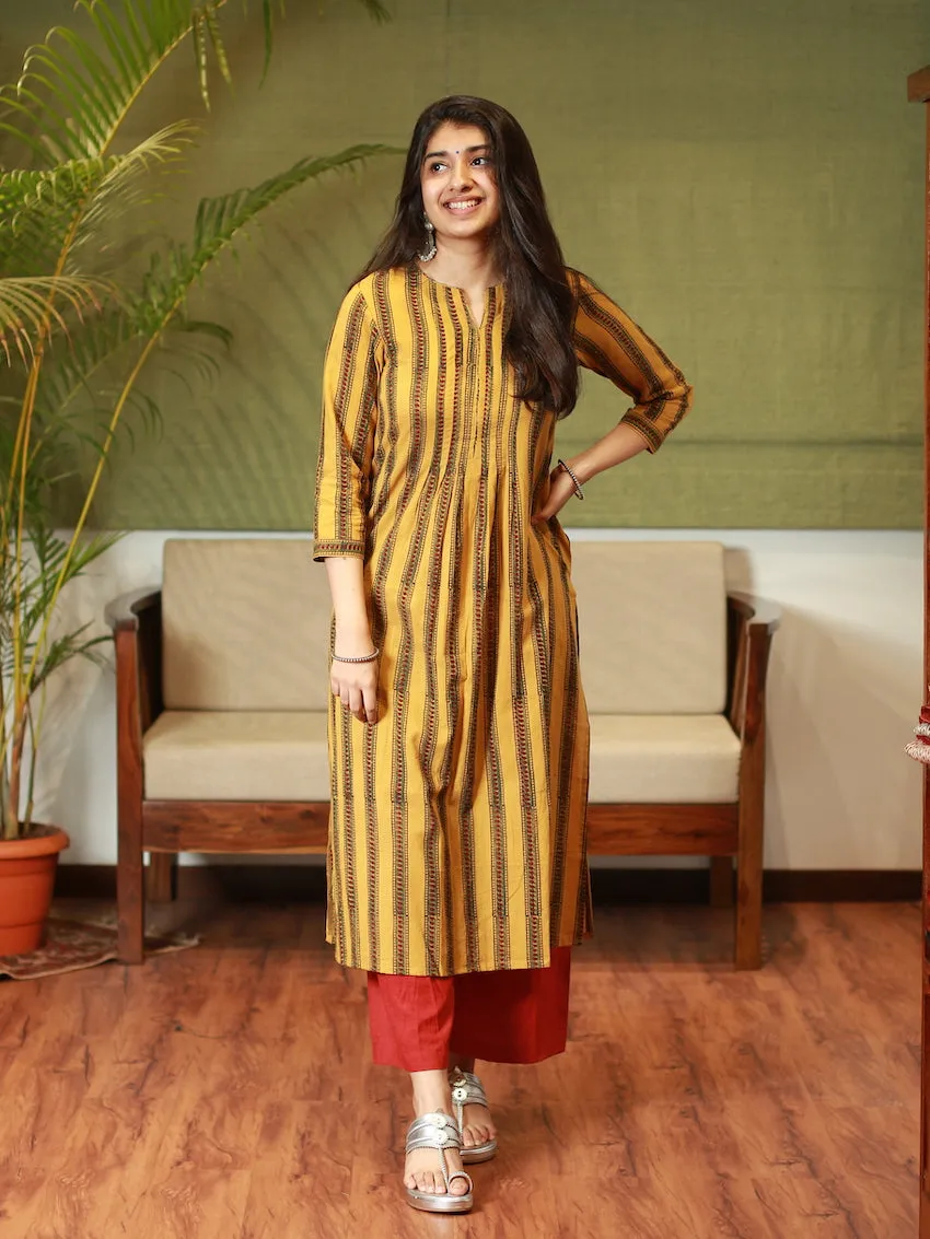 Ajrakh Mustard Pleated Kurta