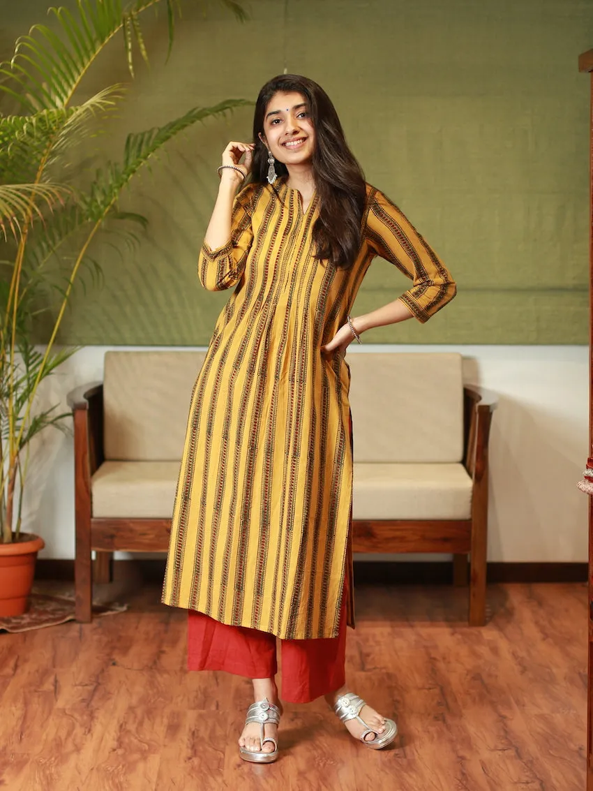 Ajrakh Mustard Pleated Kurta