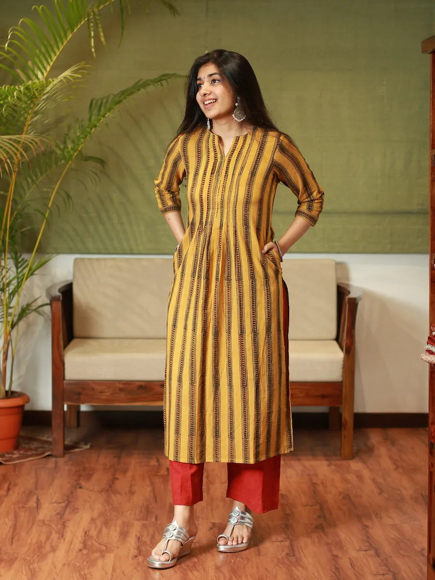 Ajrakh Mustard Pleated Kurta