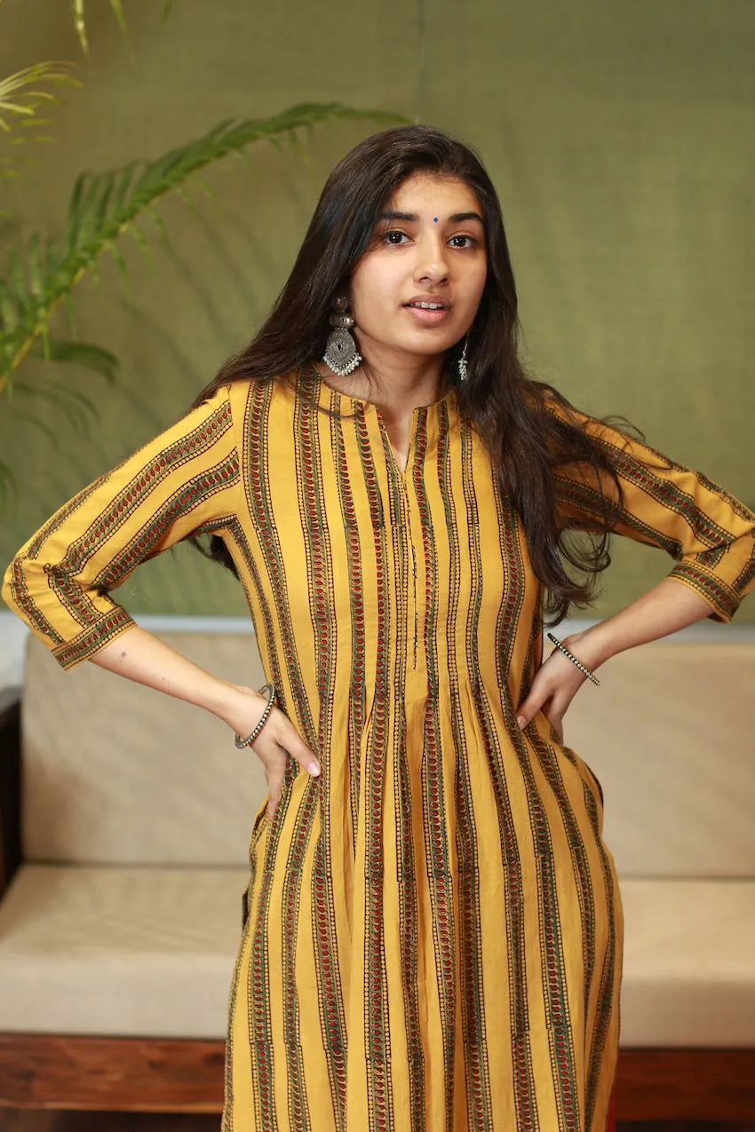 Ajrakh Mustard Pleated Kurta