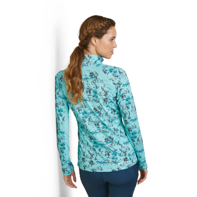 'Ariat' Women's Sunstopper 2.0 1/4 Zip Baselayer - Pool Blue Oasis Print