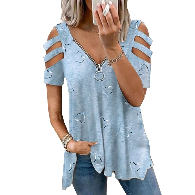 Ashore Shop Plus Size Women Summer Cold Shoulder T-Shirt Ladies Zipper V-Neck Casual Tops Tees Shirt Pullover Tops Tunic Plus Size