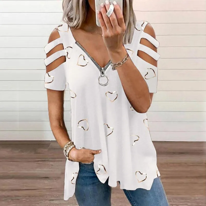 Ashore Shop Plus Size Women Summer Cold Shoulder T-Shirt Ladies Zipper V-Neck Casual Tops Tees Shirt Pullover Tops Tunic Plus Size