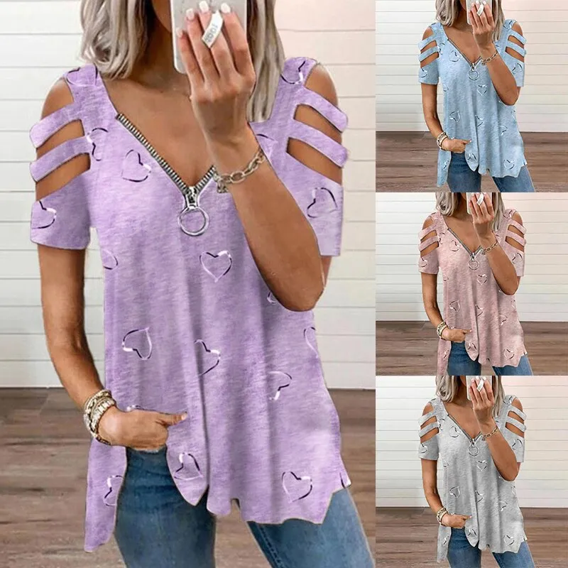 Ashore Shop Plus Size Women Summer Cold Shoulder T-Shirt Ladies Zipper V-Neck Casual Tops Tees Shirt Pullover Tops Tunic Plus Size