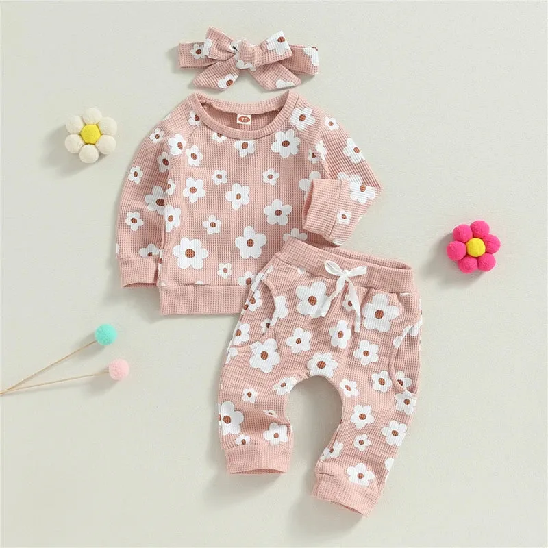 Baby Girls Floral Loungewear Set with Headband 3 Colors Autumn