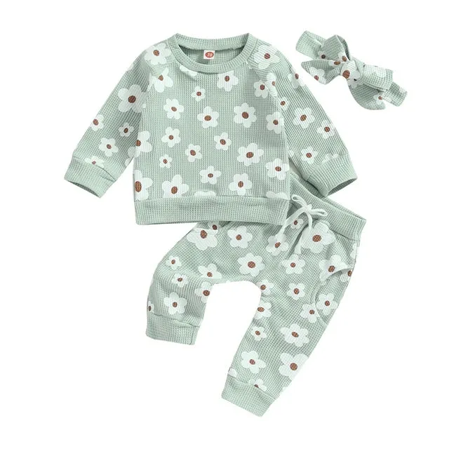 Baby Girls Floral Loungewear Set with Headband 3 Colors Autumn