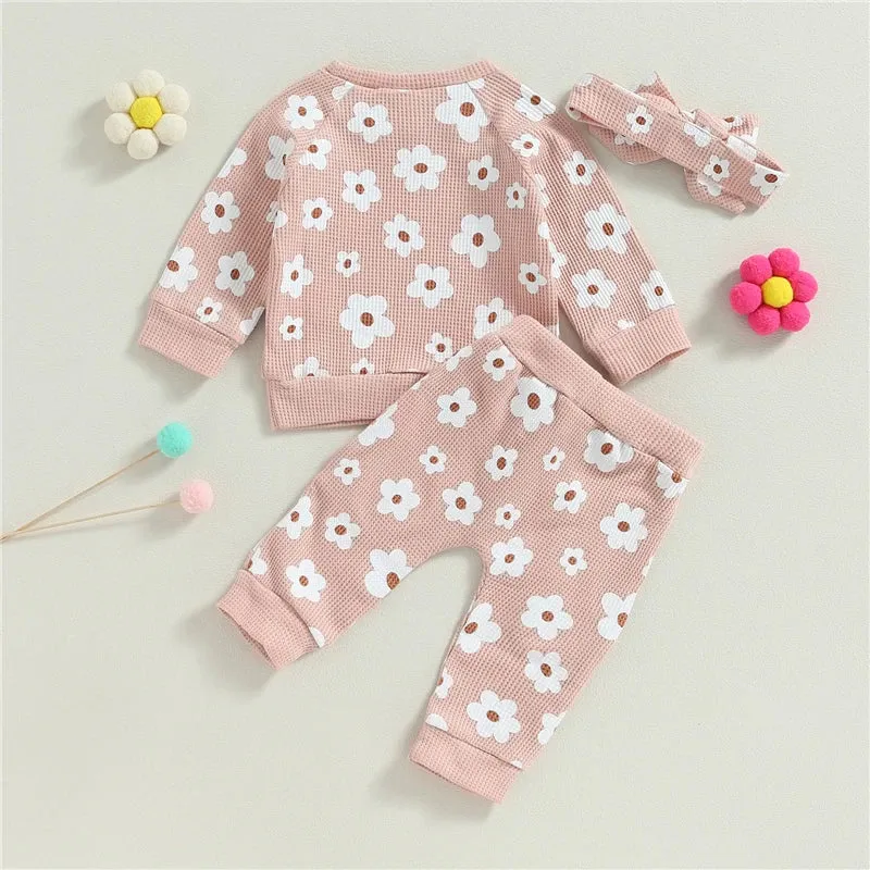 Baby Girls Floral Loungewear Set with Headband 3 Colors Autumn