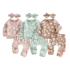 Baby Girls Floral Loungewear Set with Headband 3 Colors Autumn