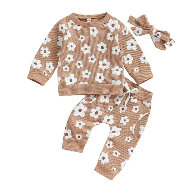 Baby Girls Floral Loungewear Set with Headband 3 Colors Autumn