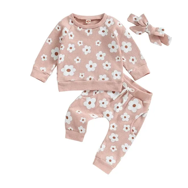 Baby Girls Floral Loungewear Set with Headband 3 Colors Autumn