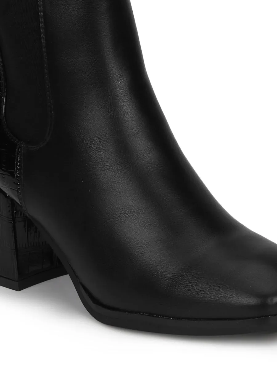 Black Croc PU Slip On Block Heel Ankle Boots