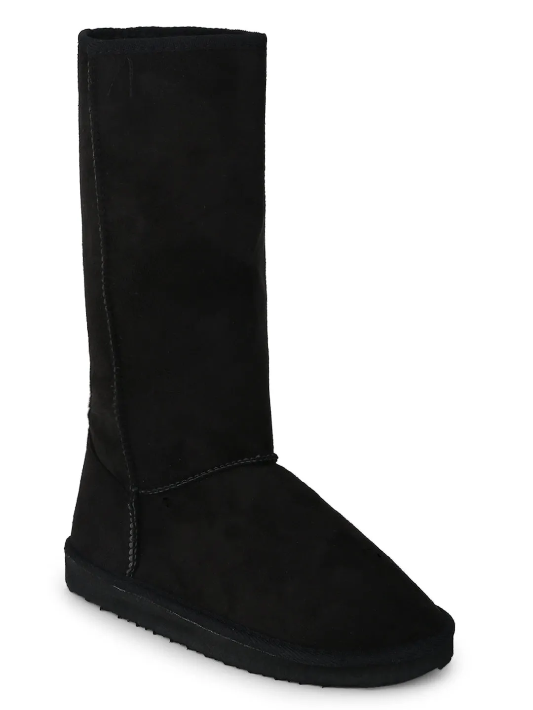 Black Flat Snow Mid Calf Long Fur Boots