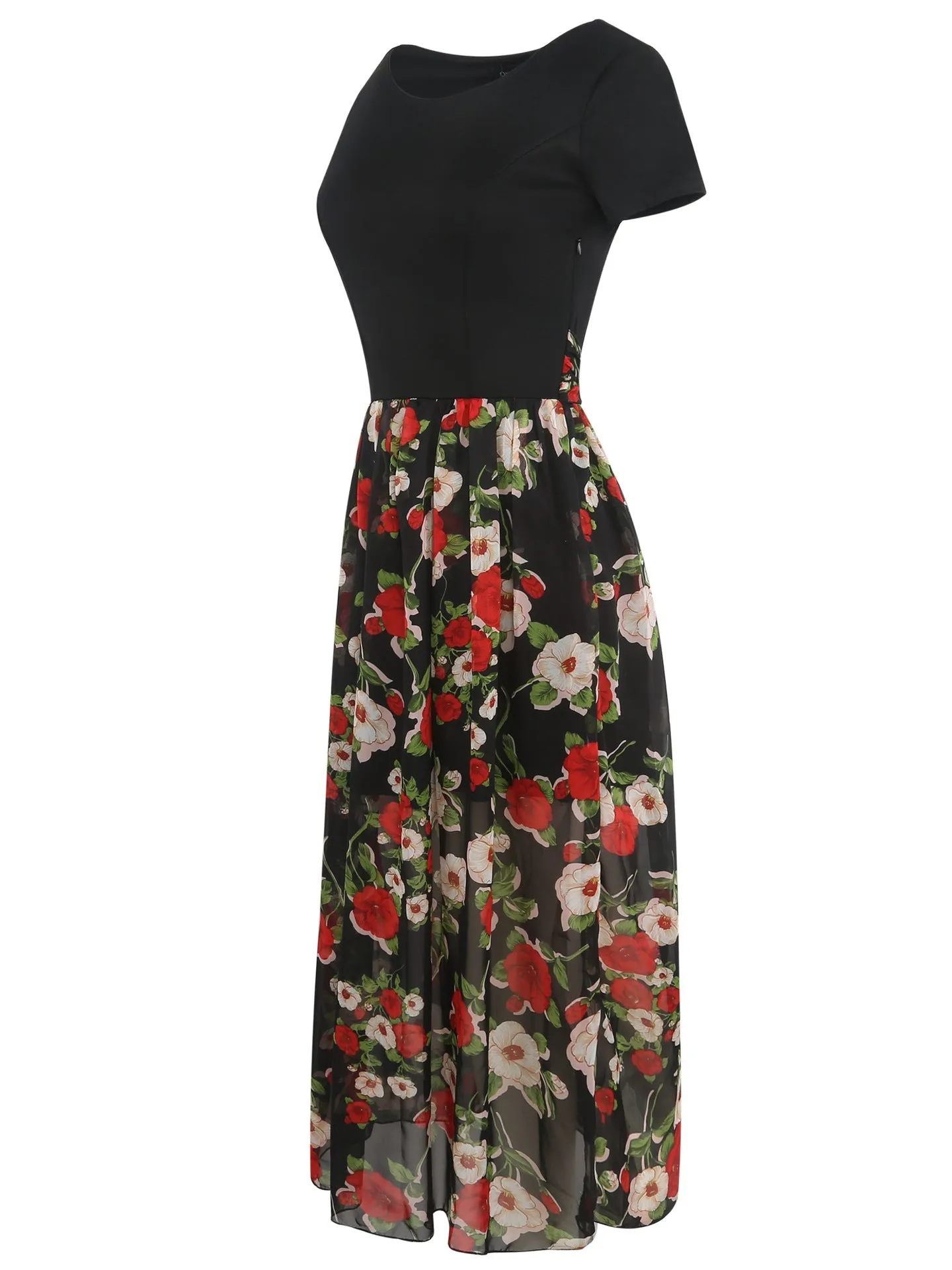 Black Floral Contrast Sheer-Hem Skirt