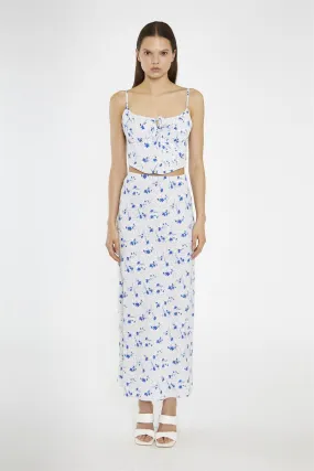 Blue-Dot Vintage-Floral Bias-Cut Midi-Skirt