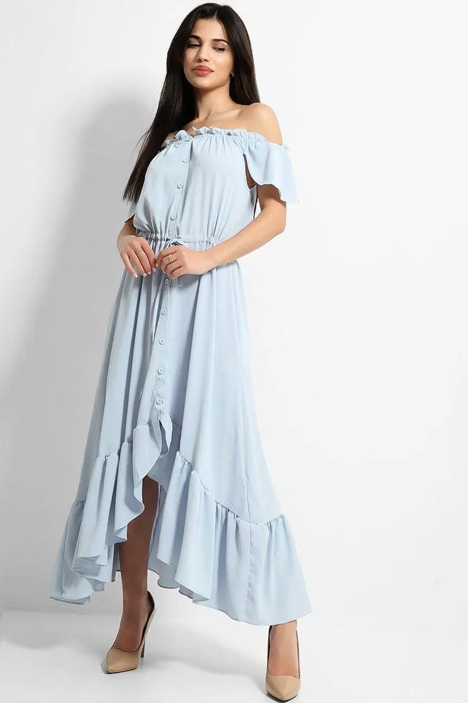 Blue Frilled Trims Off Shoulder Dip Hem Dress