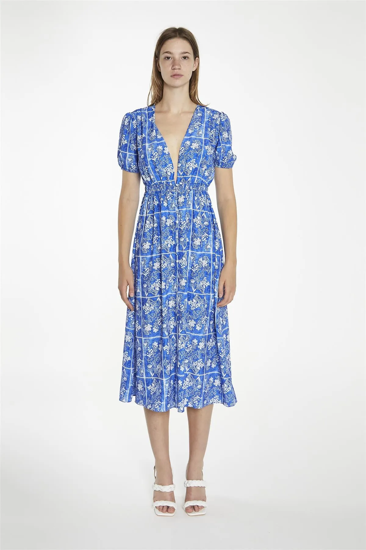 Blue-Tile Button-Front Midaxi-Dress