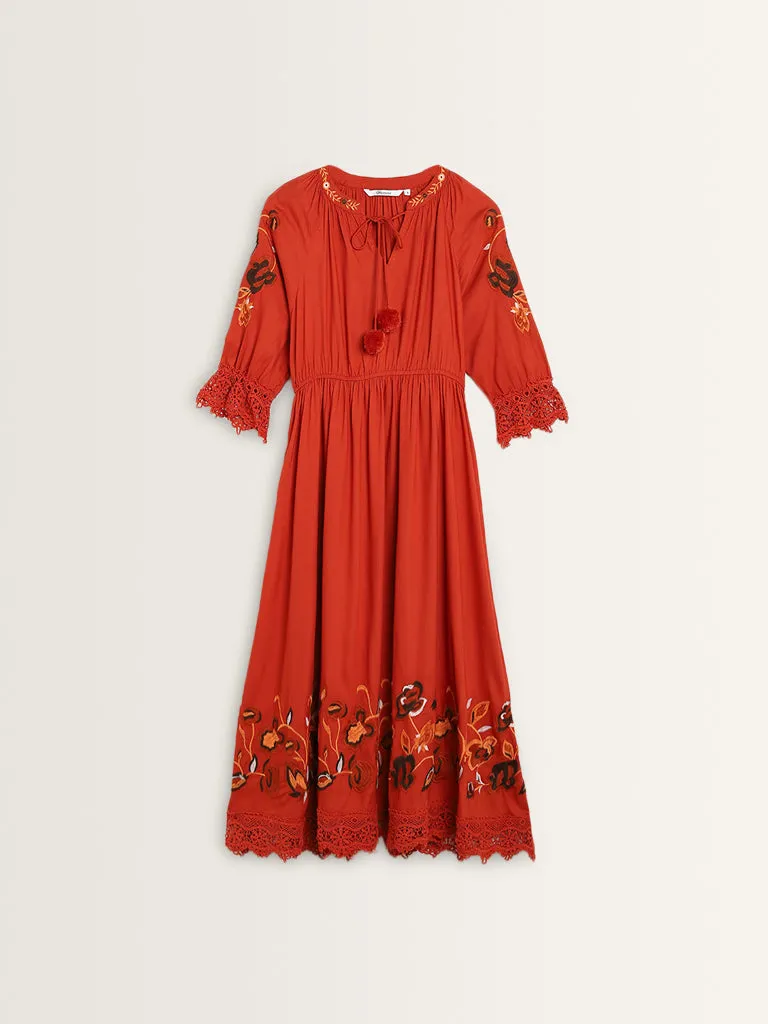 Bombay Paisley Rust Embroidered A-Line Dress