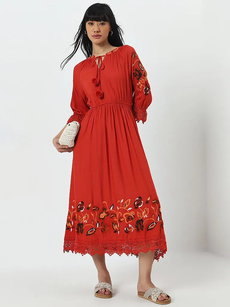 Bombay Paisley Rust Embroidered A-Line Dress