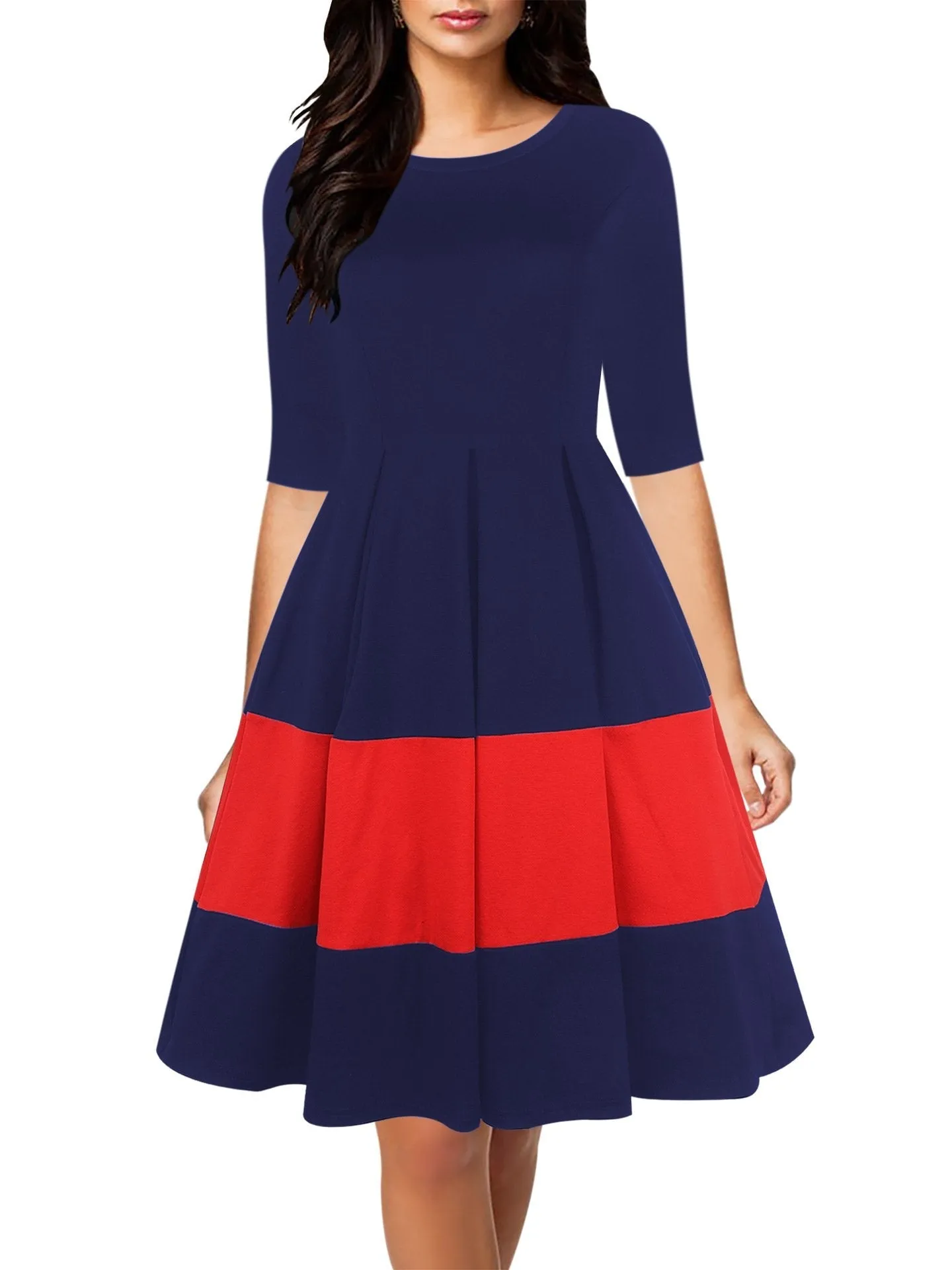 Box Pleated Half-Sleeve A-Line Dress