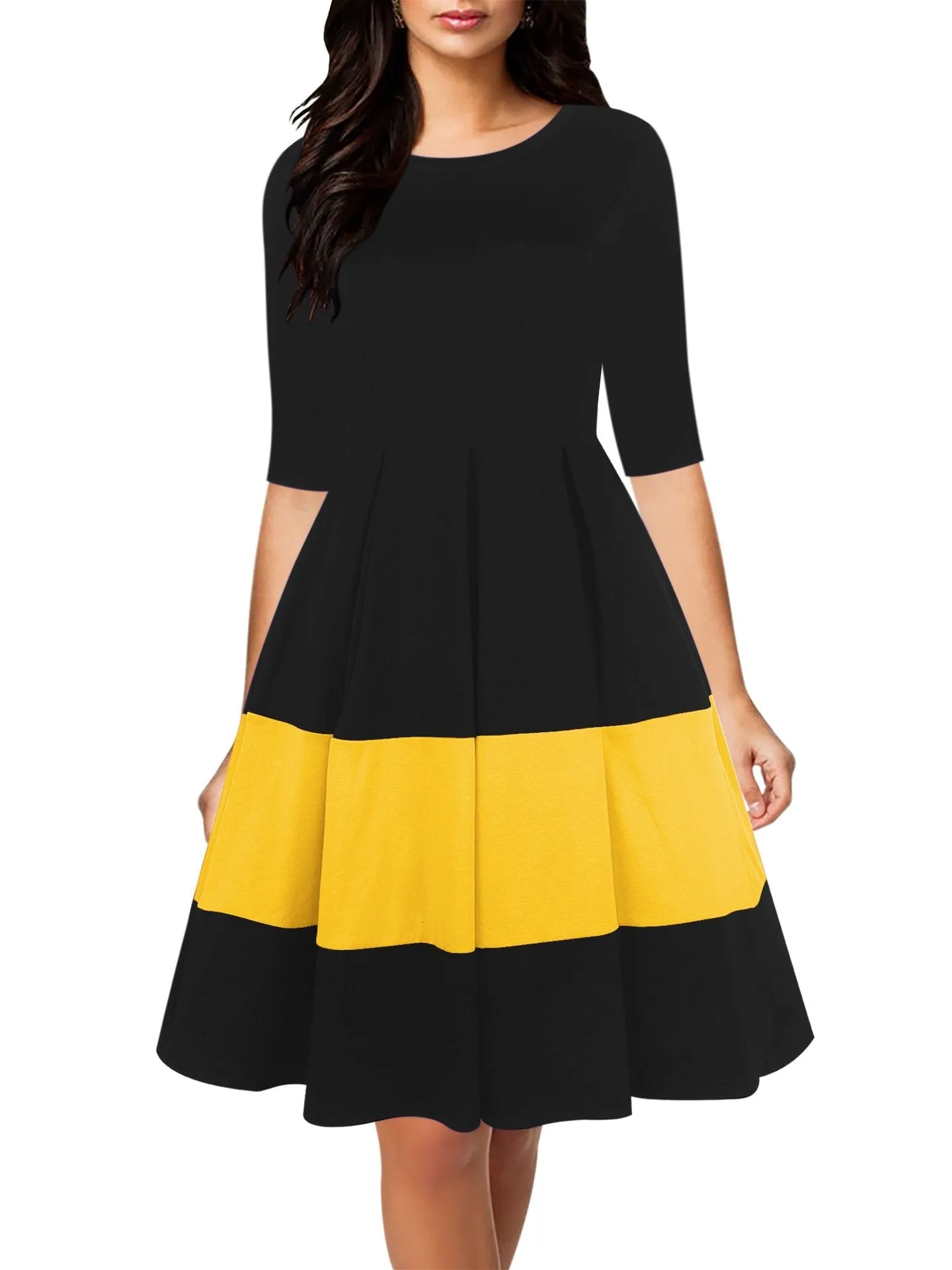 Box Pleated Half-Sleeve A-Line Dress