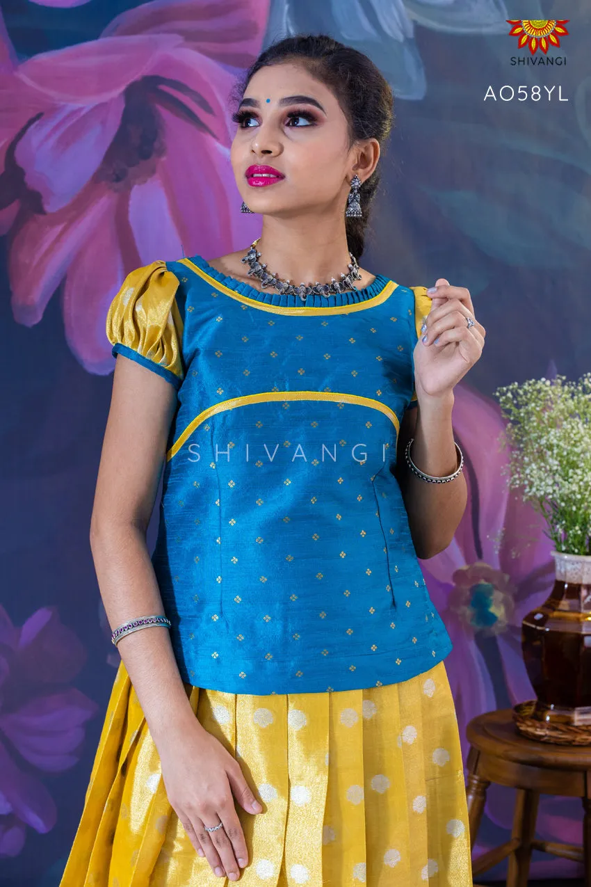 Brahmakamalam Pattu Pavadai For Kids with Puff Sleeve in Blue