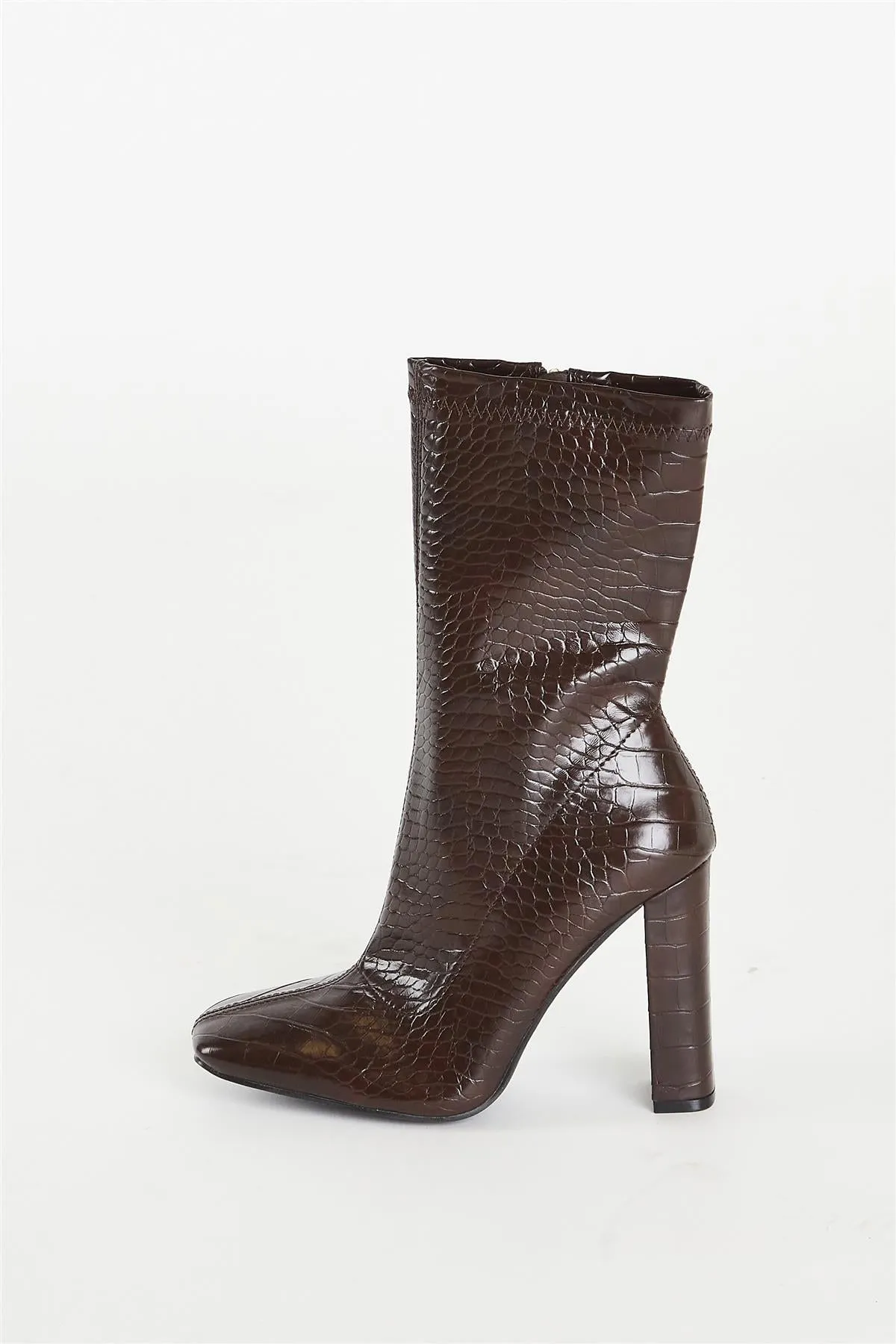 Brown Croc Calf High Heeled Boot Wide Fit