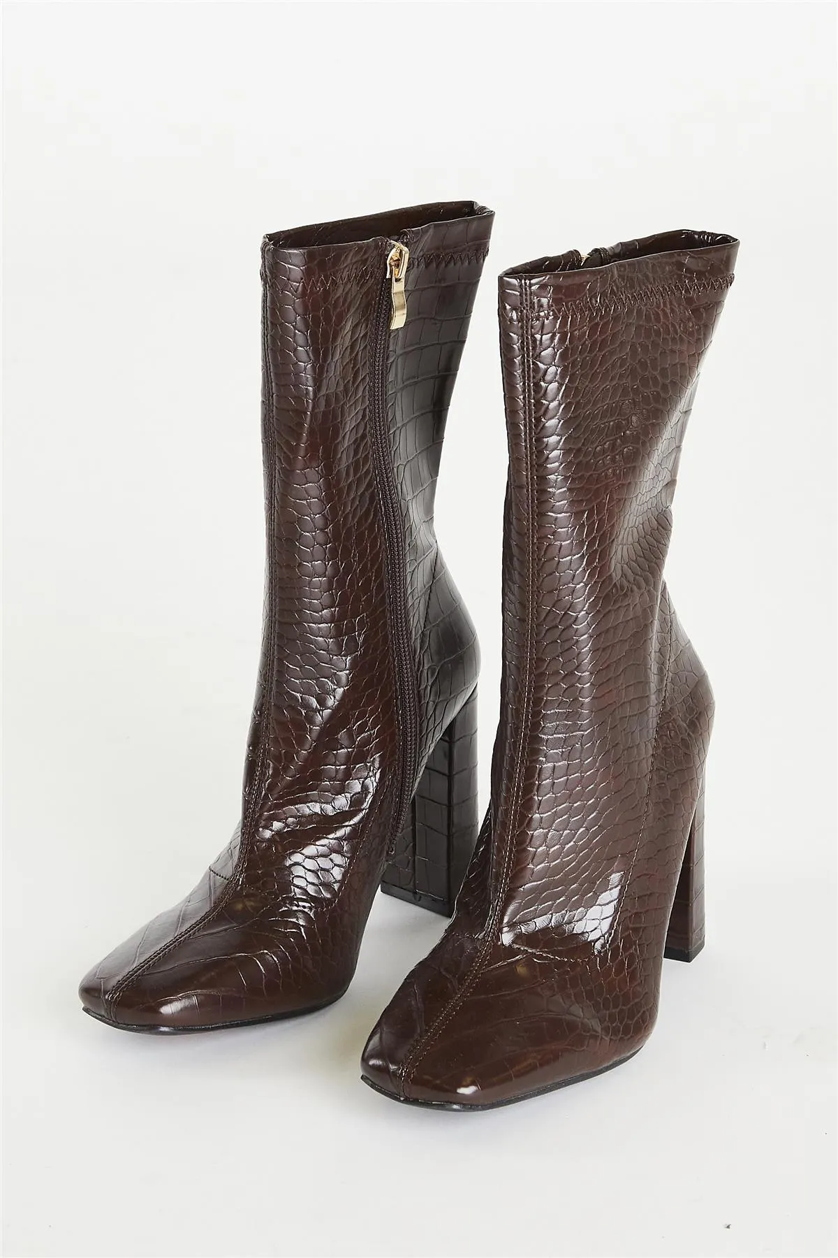 Brown Croc Calf High Heeled Boot Wide Fit